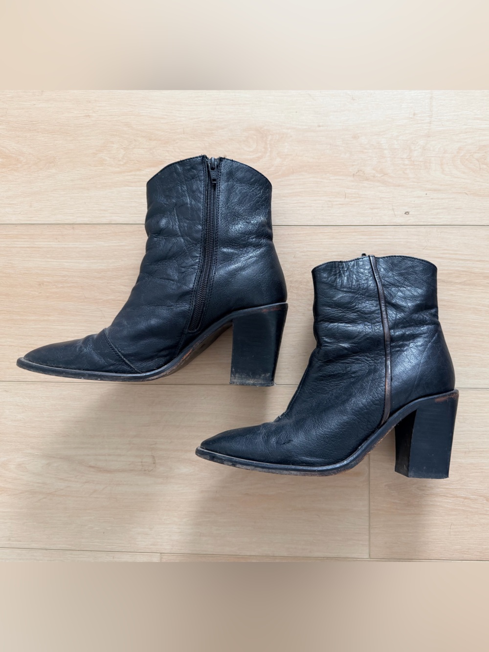 Free People Black Leather Pointed‎ Ankle Booties with Block Heel